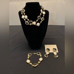 Gold Black & White Long Statement Necklace Set w/ Bracelet & Earrings